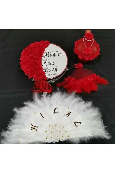 Evsay İsme Özel Kına Yelpazesi, Gelin Tefi Seti Otrişli Tef, Yelpaze, Testi, ...