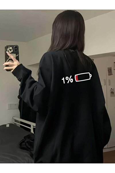 Touz Moda Μαύρο φούτερ Unisex Oversize - Crew Neck, Back Print, Low Battery