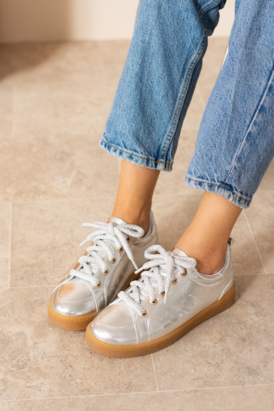 KOTAN Silver Thick Laced Leather Look Women's Sneakers - Comfortable Sports Shoes