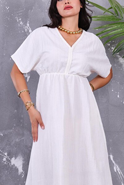 ZEYWEAR Knitted Striped Linen Dress with Elastic Waist