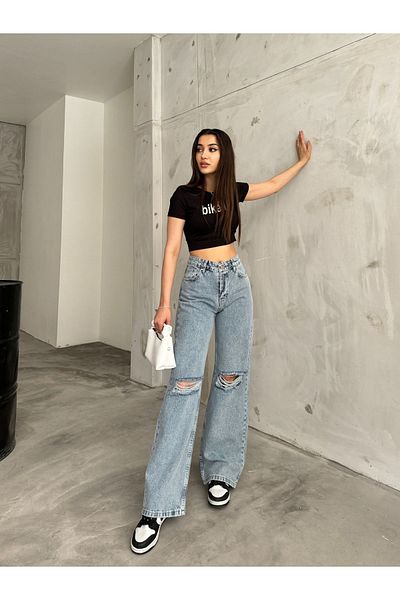 BİKELİFE Magas derekú és széles szárú női Palazzo Jeans - világoskék szakadt