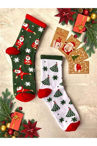 Sky Socks Комплект от 2 унисекс памучни чорапи за тенис на колежа с елха и Дядо Коледа