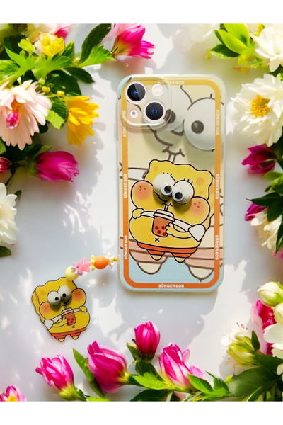 Spoyi iPhone 14 Sünger Bob Tasarımlı Charmlı Telefon Kılıfı