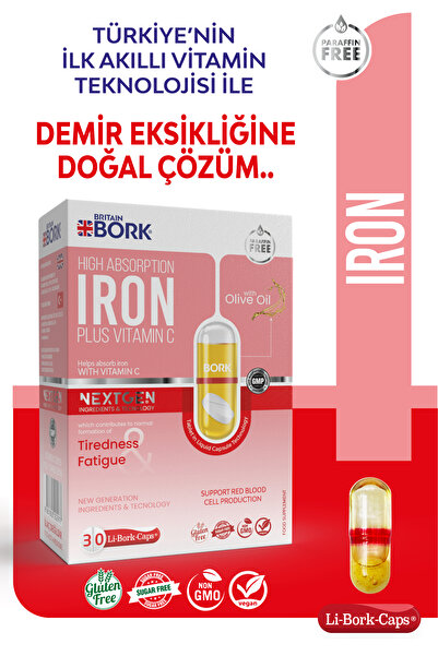 BRITAIN BORK IRON 30 Likit Kapsül Parafinsiz B12 Vitamin C İçeren Halsizlik ve Yorgunluk İçin Demir Vitamini