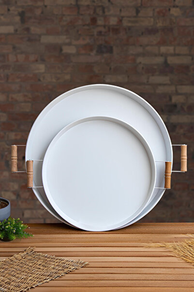 DoreCera طقم صينية معدنية بمقبض خشبي أبيض مكون من 2 - 37 سم و 29 سم، صينية قه...