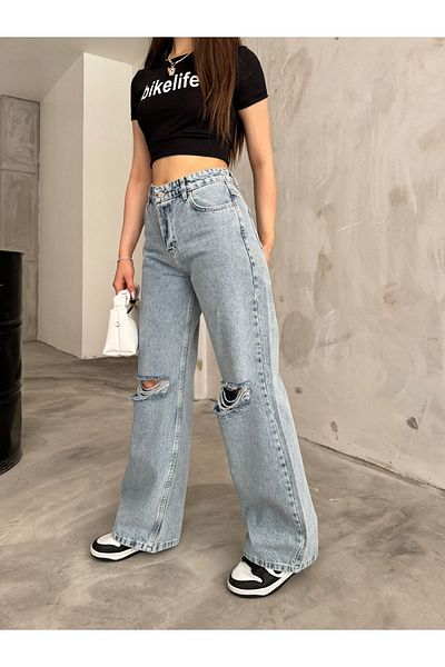 BİKELİFE Magas derekú és széles szárú női Palazzo Jeans - világoskék szakadt