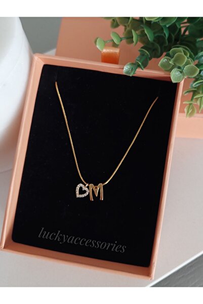 LUCKY ACCESSORIES Çelik Harf ve Zirkon Taşlı Kalp Kolye M  Harfi
