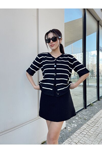 Puella Black and White Crew Neck Striped Silver Button Summer Cardigan