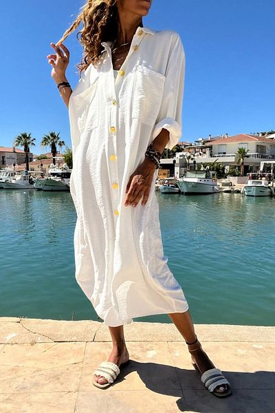 Güneşkızı Ecru Linen Shirt Dress - Bat Sleeve and Loose Pocket Bst3282