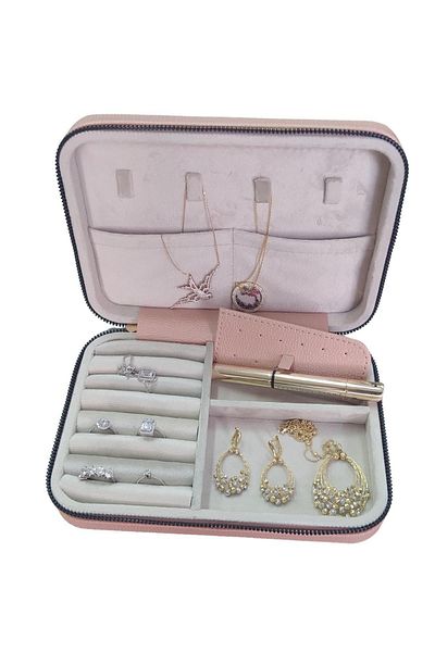 ÖZER KUTU Zippered Leather (Wooden Case) Large Size Jewelry, Travel and Jewelry Bag, Box Powder (14x21 Cm)