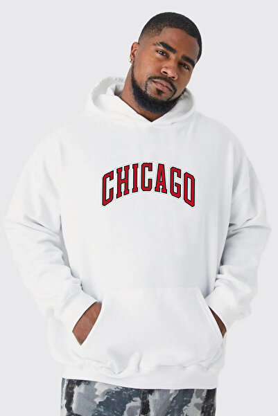 FUWEAR Hanorac supradimensionat cu glugă, alb, mărimea 3, cu imprimeu Chicago...