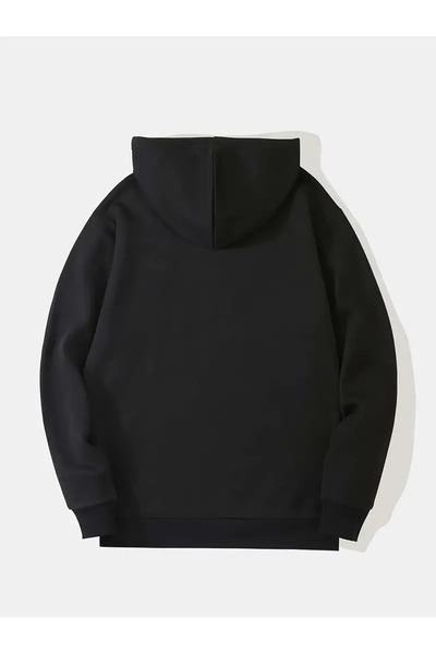FUWEAR Unisex Siyah Battal Beden 3 İplik Şardonlu Oversize Kapşonlu Man Kalıp Baskılı Pamuklu Sweatshirt