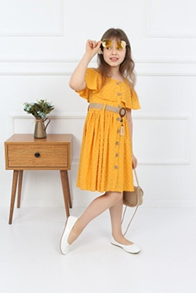 şımarık kids Kız Çocuk Sarı Boydan Düğmeli Çantalı Elbise