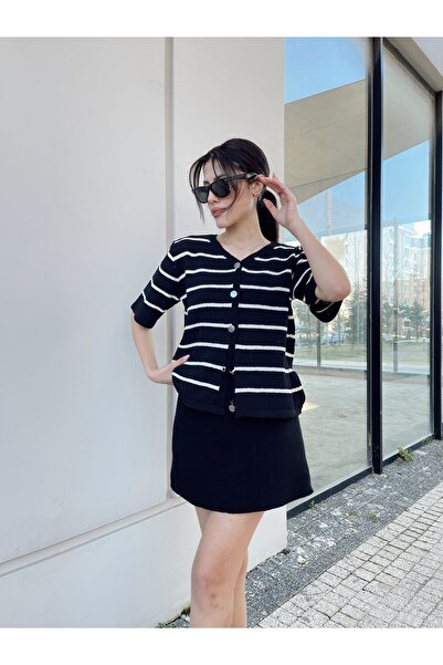Puella Black and White Crew Neck Striped Silver Button Summer Cardigan