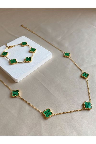 Inure Jewelry Glare Van Cleef Green Clover Model Women's Steel (NECKLACE & BRACELET) Set of 2