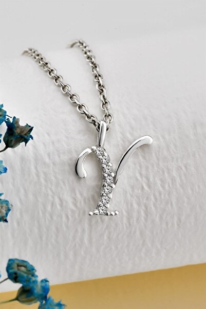 jelux silver Gümüş 925 Ayar Zirkon Taşlı Gümüş Minimal Harf Kolye Y