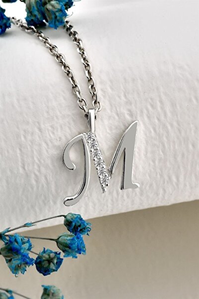 jelux silver Gümüş 925 Ayar Zirkon Taşlı Harf Kolye M