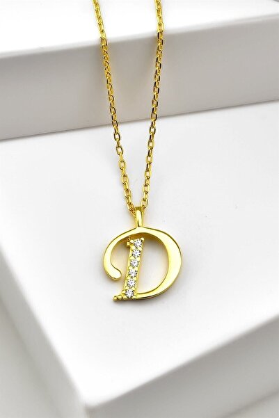 jelux silver Gümüş 925 Ayar Zirkon Taşlı Gold Harf Kolye D