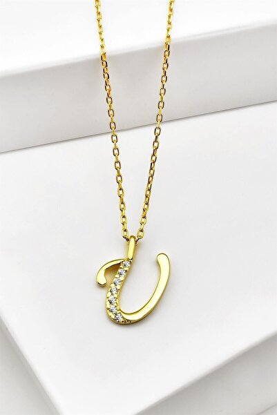 jelux silver Gümüş 925 Ayar Zirkon Taşlı Gold Harf Kolye U