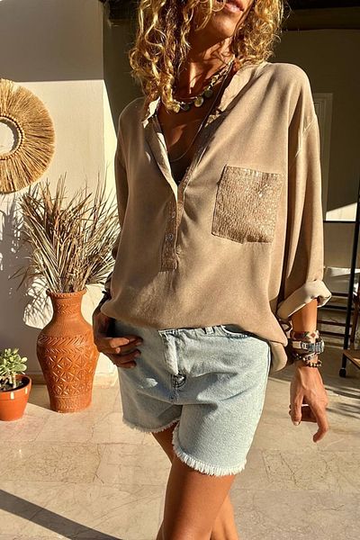 Güneşkızı Bronze Color Sequin Pocket Blouse - Half Placket Washed RSD1169
