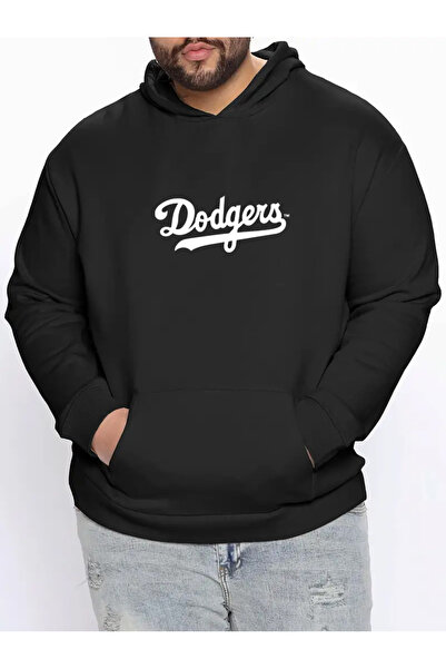 FUWEAR Unisex Siyah Battal Beden 3 İplik Şardonlu Oversize Kapşonlu Dodgers B...