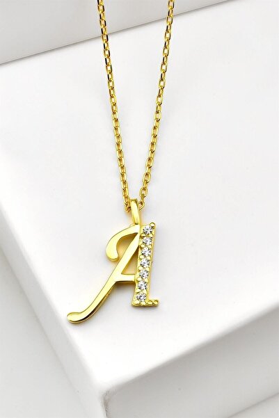 jelux silver Gümüş 925 Ayar Zirkon Taşlı Gold Harf Kolye A