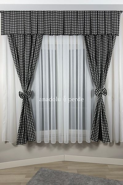 GLOMAR Panama Linen (duck) - Kitchen Curtain, 1/3 Gingham Pattern, Rustic Short Background with Barbecue