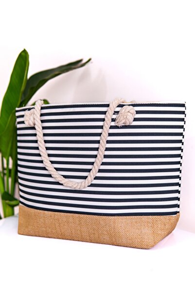 ByClodyBags Kadın Mavi Çizgili Hasır Kumaş Hasır Dokulu Büyük Boy Çanta Ve Pl...