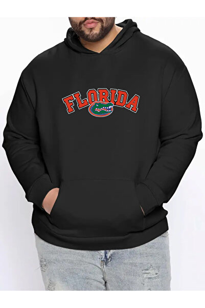 FUWEAR سويت شيرت قطني أسود بغطاء للرأس مقاس كبير للجنسين - مطبوع عليه فلوريدا