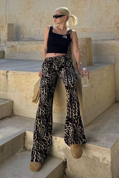 Madmext Schwarze Hose mit weitem Bein und Leopardenmuster und verstellbarer Taille - MG2095