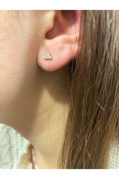 Hepimitu Üç Taşlı Tragus Piercing Altın Küpe