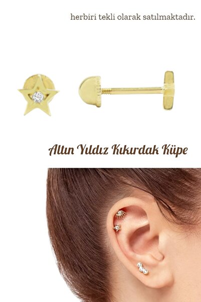 Hepimitu Tek Taşlı Yıldız Tragus Piercing Altın Küpe