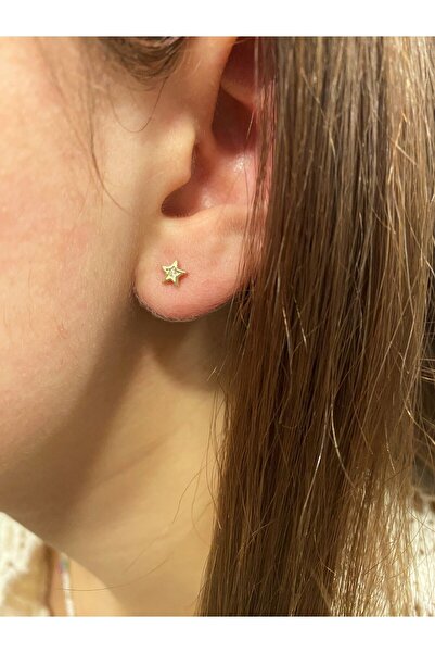 Hepimitu Tek Taşlı Yıldız Tragus Piercing Altın Küpe
