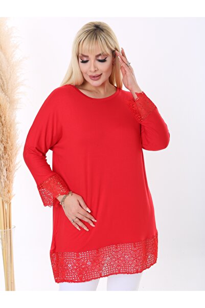 LİKRA Women's Large Size Sleeve and Skirt Lace Detail Flexible Viscose Tunic