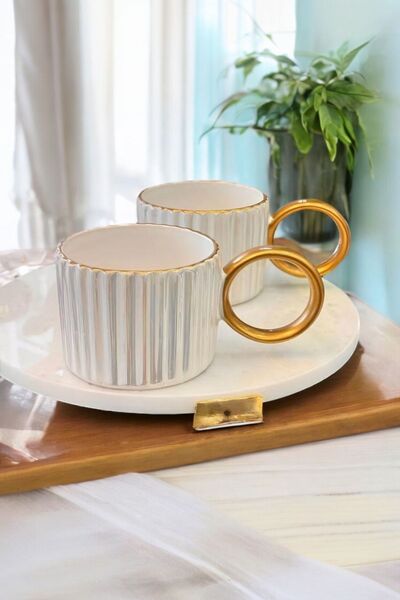 Akkoyunlu home 2'li Yaldızlı Kupa Takımı Lüx Seramik Beyaz Kupa