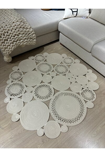 MaVaux Harmony Jüt Doğal Hasır Kilim Bej Geometrik Bohem Yuvarlak El Örmesi Halı