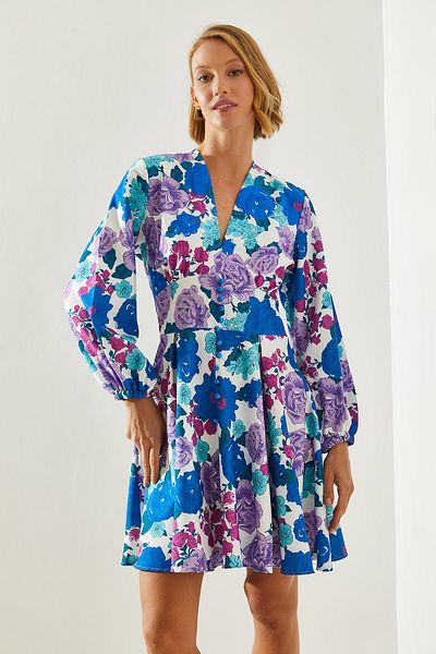 Bianco Lucci Rochie de damă cu decolteu în V cu imprimeu floral - Detaliu nasturi, Model 21400 60251671