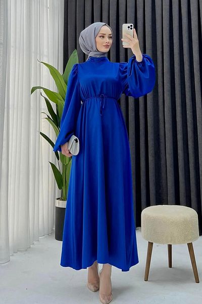 Tesettür Diyarı Saks Colorful Dimitra Satin Balloon Sleeve Dress