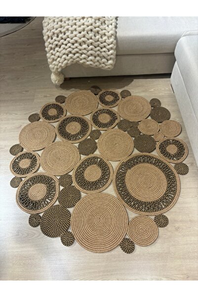 MaVaux Harmony Jüt Doğal Hasır Kilim Bej Geometrik Bohem Yuvarlak El Örmesi Halı