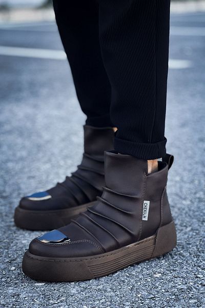 BZ Moda Ανδρικά αθλητικά μποτάκια B113 Swat - Casual δέρμα, ορθοπεδική σόλα, φερμουάρ και καφέ χωρίς κορδόνια