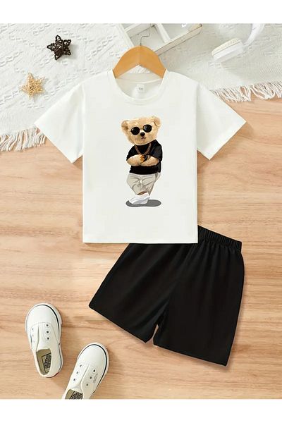 THEKONT Artist Bear Printed Tshirt-Shorts Top-Bottom Set