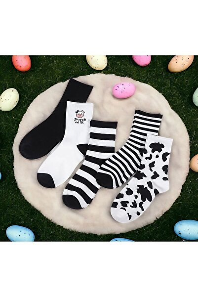 Çorabistaan 5 Çift Siyah Beyaz İnek Desenli Çizgili Kadın Tenis Çorap Dikişsiz