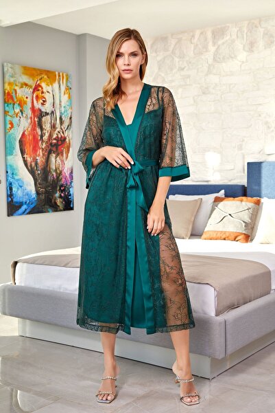 Cossy By Aqua 24616 Жіночий зелений мереживний халат середньої довжини з мере...