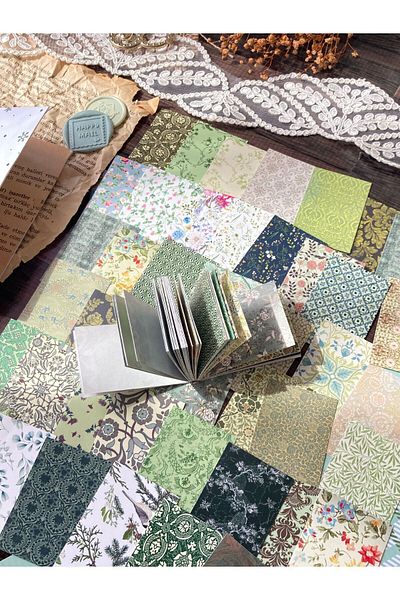 Hume Craft Vintage Πράσινο Μοτίβο Αυτοκόλλητο Βιβλιάριο Scrapbook - για Bullet Journal, 44 Φύλλα/4x6 cm