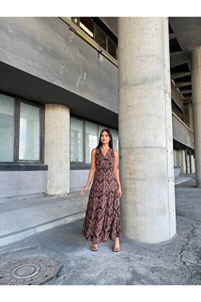 HARMONY GLOBAL Вискозна макси лятна рокля - с шарки, двойна яка, ластик на талията, кафеено черно 0060
