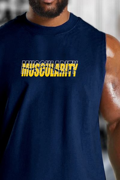 BESSA Navy Blue Oversize Crew Neck Men's Muscularity Printed Sleeveless Cotton Tank Top