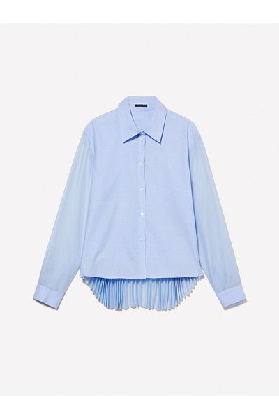 Sisley Cămașă de damă din denim albastru deschis - față scurtă, fustă lungă în spate cu detaliu plisat, mânecă lungă