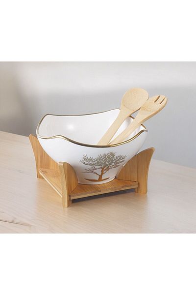 Vadi Gold Detailed Bamboo Serving Bowl - Porcelain Round Salad Set