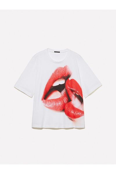 Sisley Women Off White 100% Cotton Front Printed Short Sleeve Crew Neck T-Shirt