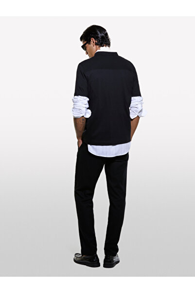 Sisley Μαύρο μπλουζάκι με λαιμόκοψη - Λεπτομέρεια με ρίγες, μείγμα βαμβακιού